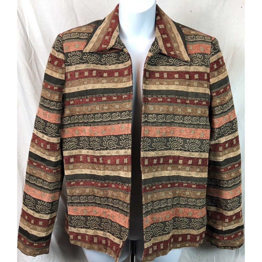 Alfred Dunner Open Front Shacket Light Jacket 10P Beaded Tapestry Tribal boho